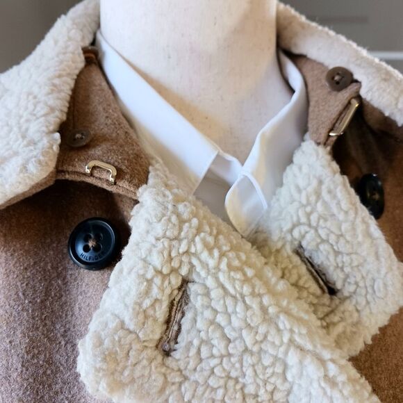 TOMMY HILFIGER Wool Peacoat Midi Sherpa Collar Belted Fully Lined Camel Size S - Picture 5 of 13